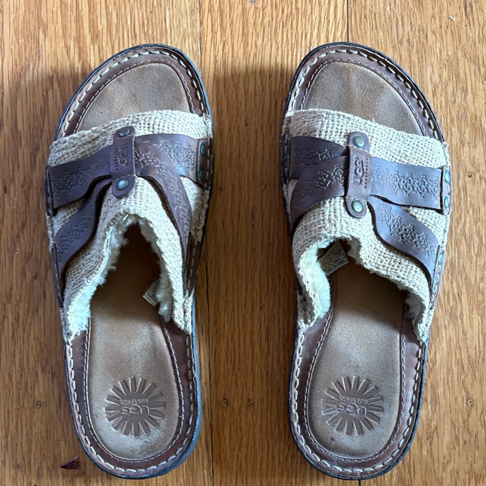 UGG Men's Sherpa Tan and Brown Slip-On Slides/Sandals